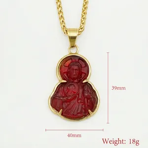 Saint Jude gold plated stainless steel pendant necklace with red resin and Jesus relief