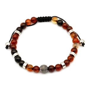 Adjustable men's beaded bracelet with black obsidian, red agate, and silver metal accents