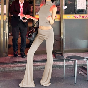 Women Sleeveless High Neck Top Mini Skirt And Flare Pants Streetwear Fashion Khaki Polyester Spandex