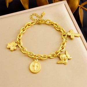 Retro Personalized Stainless Steel Gold Plated Thick Chain Bracelet For Women With Angel Cross Oval Medallion Charms Fashion Jewelry