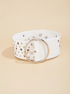 Detailed view of white PU leather belt with silver circular buckle and metal eyelet studs