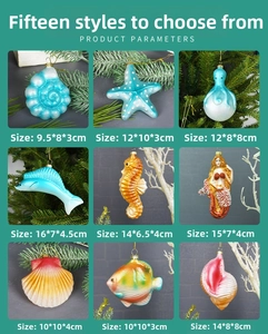 Detailed grid showing nautical ocean-themed Christmas ornaments with dimensions