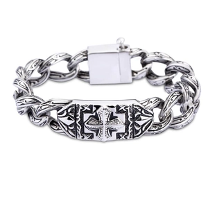 Vintage stainless steel cross bracelet with engraved floral patterns and heavy curb chain