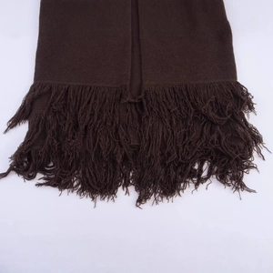 Women's chocolate brown knit cardigan with long decorative fringe and button detail