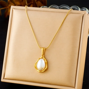 Stainless Steel Artificial Pearl Necklace For Women Gold Plated Irregular Lava Teardrop Pendant Snake Chain Elegant Retro Jewelry