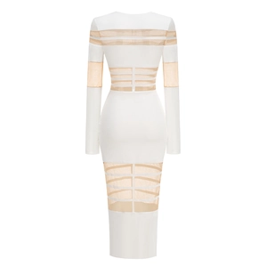 Detail of white long sleeve bodycon dress with sheer mesh paneling and horizontal stripes