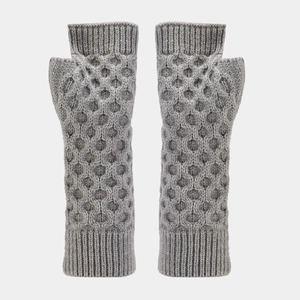 Detail of light gray fingerless knit gloves with honeycomb texture and elastic cuffs