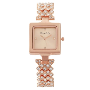Elegant rose gold square quartz watch for women with rhinestone encrusted link bracelet