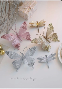 Farfalla e libellula glitterate con perle per decorazioni natalizie eleganti