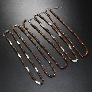 Set of vintage bohemian necklaces with brown coconut wood beads and natural stone insets