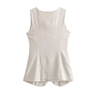 Women's slim fit striped long suit vest with curved hem in light grey textured fabric