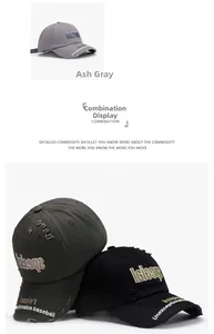 Close-up of distressed cotton baseball cap with 3D embroidery and washed vintage texture