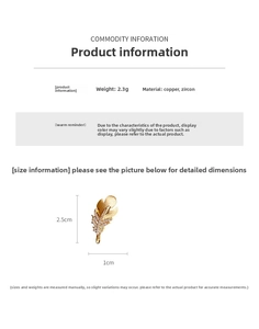Detailed specs of the 2.3g golden zircon feather brooch with 2.5cm copper material