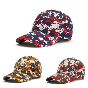 Close-up of three digital camouflage baseball caps featuring curved brims and breathable vents