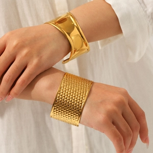 Wide Open Cuff Bracelet Stainless Steel Geometric Wave Weave Textured Gold Plated Minimalist Fashion Jewelry For Women