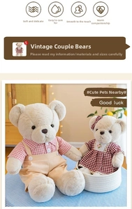 Detail view of retro teddy bear couple set in a woven basket with plaid outfits