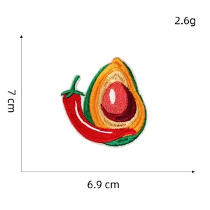 Detail of red chili and avocado embroidery patch with 7cm by 6.9cm dimensions