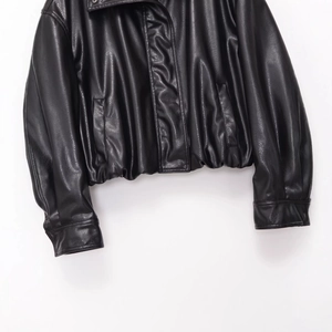 Faux leather bomber jacket with high collar and ribbed cuffs in black color finish