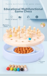 Detail of wooden memory chess board showing colorful pegs and round marbles on the tray