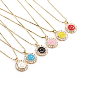 Smiley Face Pendant Necklace Gold Plated Copper Enamel Round Zircon Simple Fashion Jewelry For Women