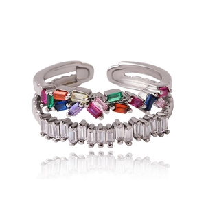 Close-up of double-layered silver ring featuring colorful and clear zircon stones