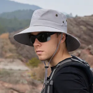 Outdoor light grey sun hat with Travellers embroidery and adjustable windproof strap