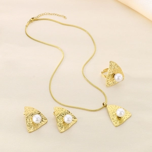 Three-piece golden stainless steel jewelry set with pearls and hammered metal texture