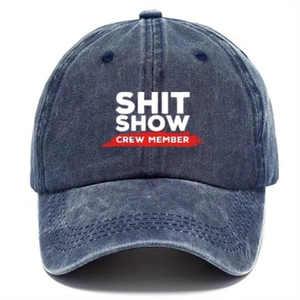 Detail of navy blue washed denim baseball cap featuring white Shit Show printed text