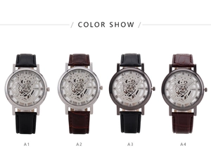 Detailed color show of four men's skeleton quartz watches with premium leather straps