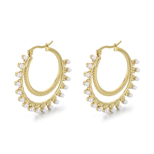 Vintage gold double-layer hoop earrings with white pearls and sparkling rhinestone accents