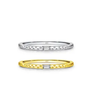 Geometric Hammered Texture Ring 925 Sterling Silver With Rectangular Zircon Minimalist Elegant Jewelry For Women
