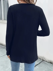 Back view of elegant black long sleeve knit cardigan with vertical ribbed texture detail