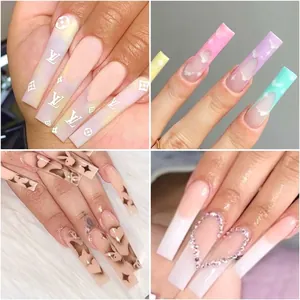 Extra long C-curve French fake nail tips with colorful prints and rhinestone designs