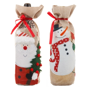 Linen Christmas wine bottle covers featuring Santa Claus and Snowman embroidery designs
