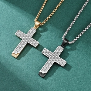 Mens honeycomb cutout cross pendant necklace in gold and black stainless steel finish