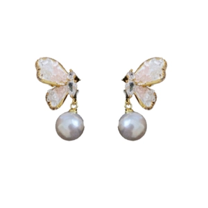 Elegant gold butterfly earrings with pink crystal inlay and lustrous pearl drops