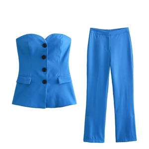 Royal blue two-piece set featuring a strapless button-up top and matching trousers