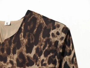 Close-up of crew neck and shoulder seam detail on leopard print slim fit dress