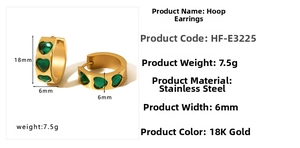 Detailed size specifications for 18K gold plated stainless steel green heart earrings