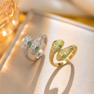 Snake Ring 18K Gold Plated Copper Micro Pave Zircon Green Gemstone Eyes Adjustable Luxury Fashion Jewelry For Women