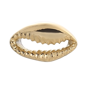Macro detail of a golden scallop shell pendant with hollow design and textured edges