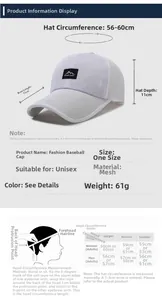 Detailed size chart for breathable mesh sun hat with brim and circumference measurements