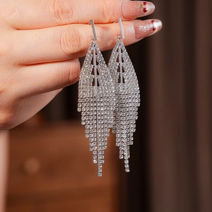 Macro shot of silver tassel earrings with sparkling rhinestones and mesh design details