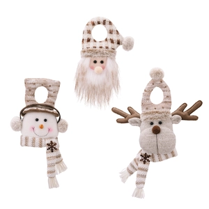 Three-piece Christmas door hangers set featuring Santa, Snowman and Reindeer plush designs