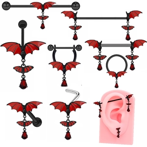 Gothic Bat Body Piercing Jewelry Set Red Rhinestone Zinc Alloy Belly Ring Industrial Barbell Nose Stud Nipple Ring Punk Jewelry
