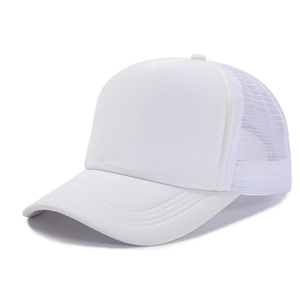 Detail view of white breathable mesh and sponge fabric on classic trucker hat