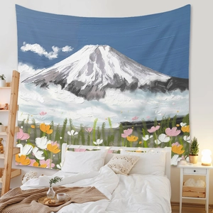 Detailed texture of oil painting style tapestry featuring floral fields and snowy mountains