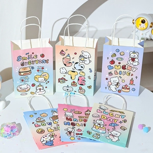 Group of six cute cartoon animal kraft paper gift bags with soft rope handles