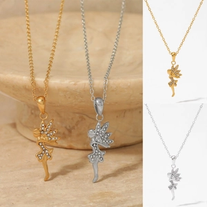Dancing Fairy Girl Angel Pendant Necklace Stainless Steel Zircon Inlaid PVD Gold Plated Waterproof Jewelry Gift