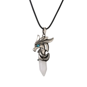 Collana vintage a forma di drago in argento con ciondolo esagonale in cristallo bianco